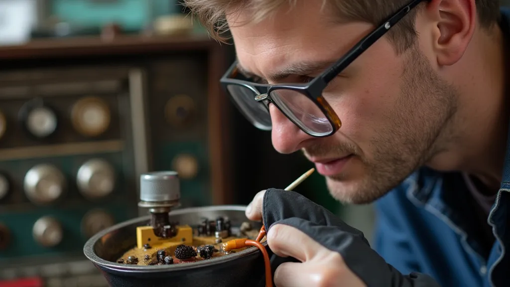 Person repairing radio with gloves and glasses